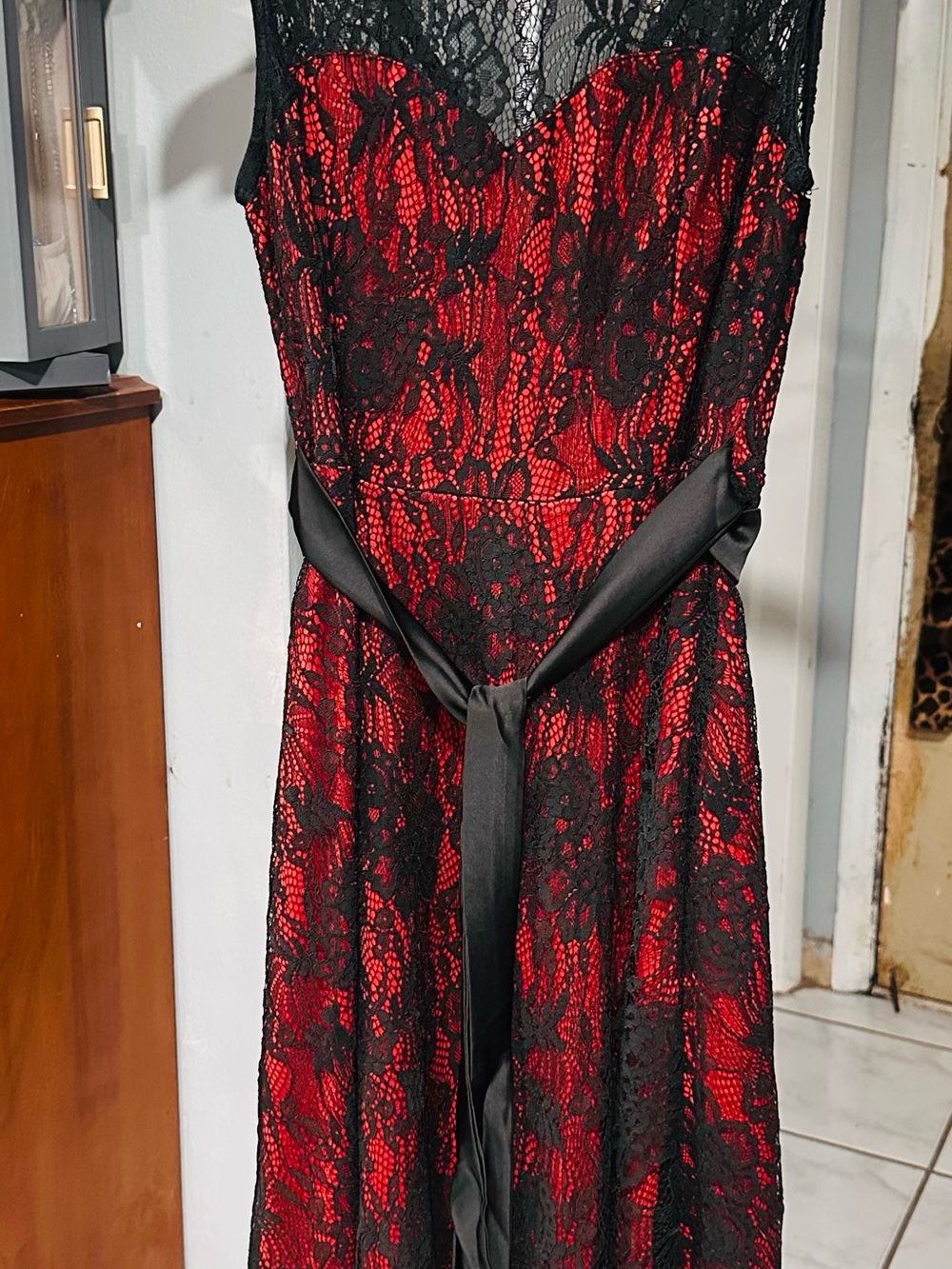 Red Lace Dress with Black Lace Overlay